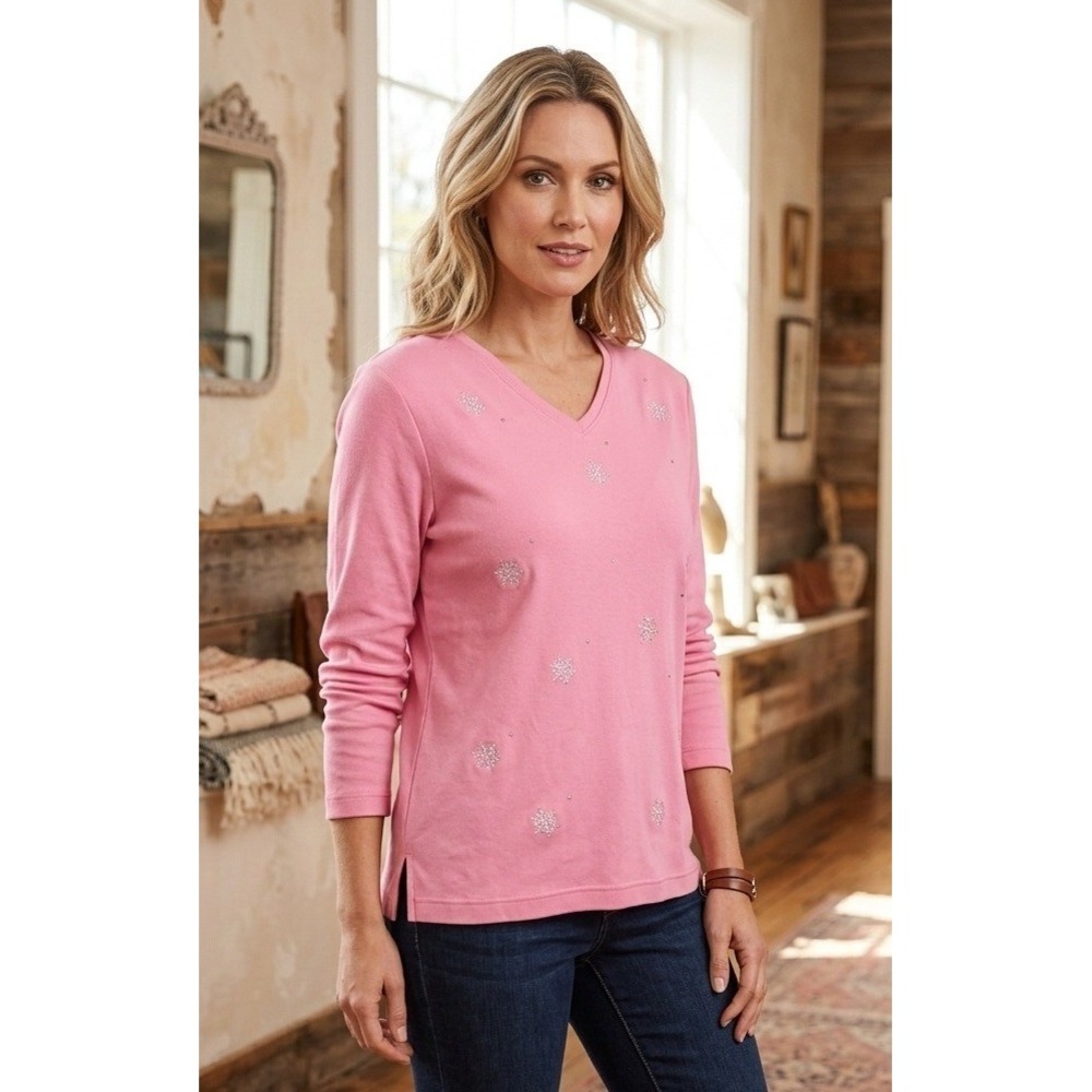 Quacker Factory Snowflake Rhinestone V-Neck Long Sleeve Top Women's‎ L Holiday